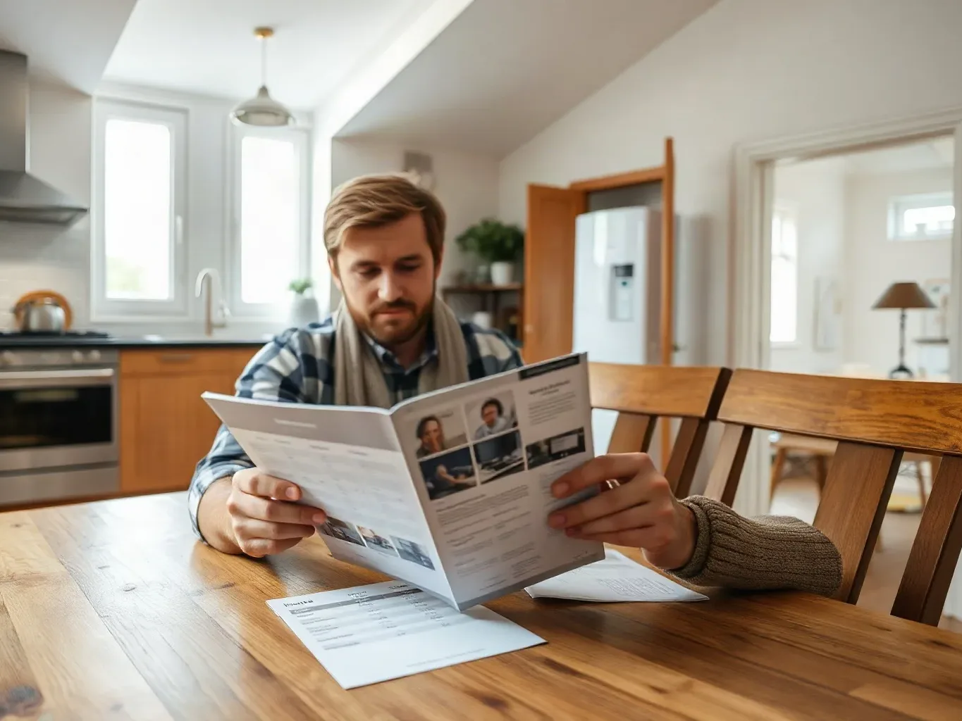 A homeowner browsing a boiler brochure at a kitchen table with models listed in a comparison chart