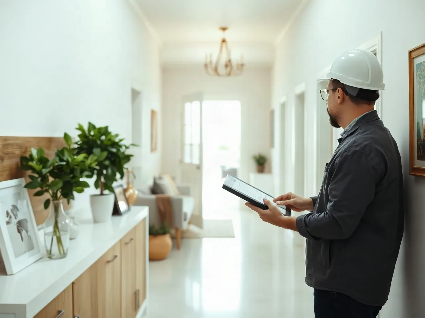 An engineer holding a price list on a tablet toward a homeowner in a hallway