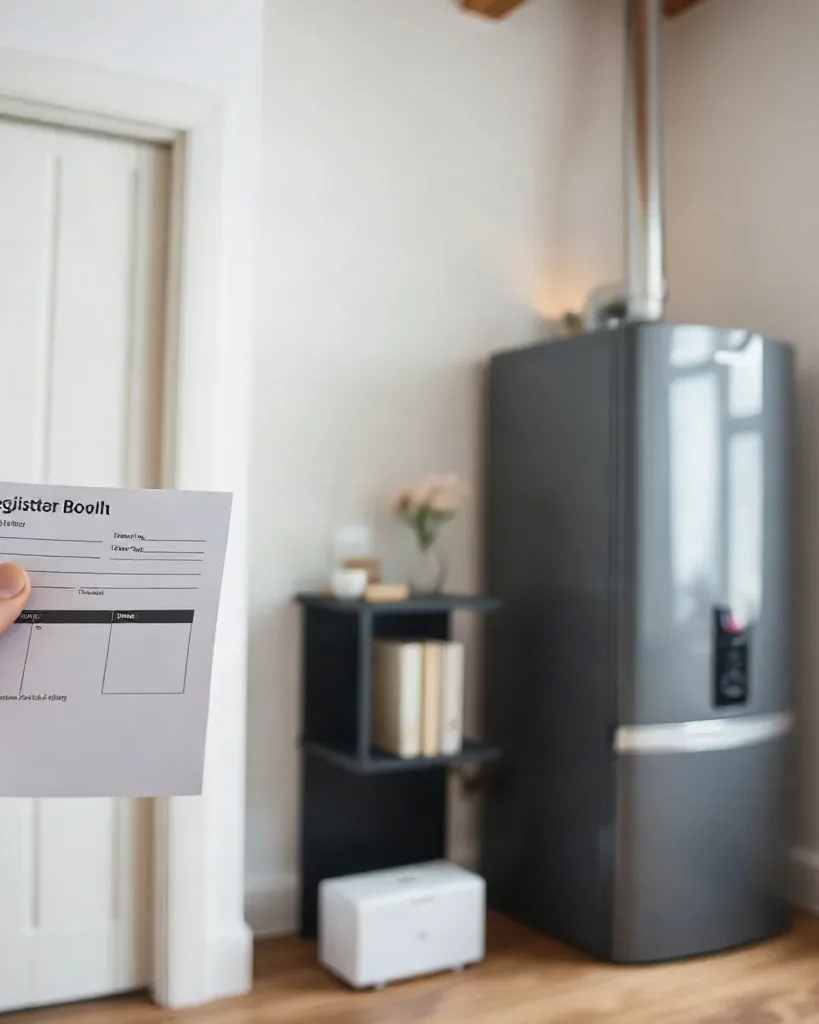 A close-up of a warranty registration card being filled in beside a new boiler