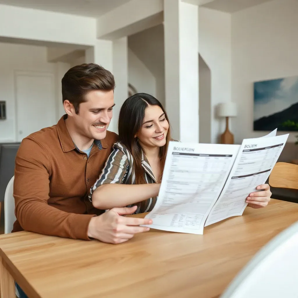 A couple sitting at a dining table comparing two printed boiler specification sheets