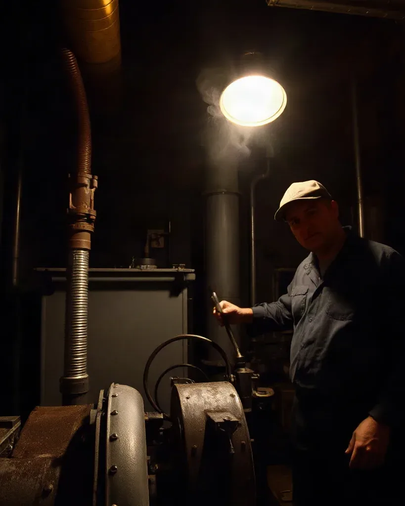 An engineer working on a boiler by torchlight late at night in a dark utility room