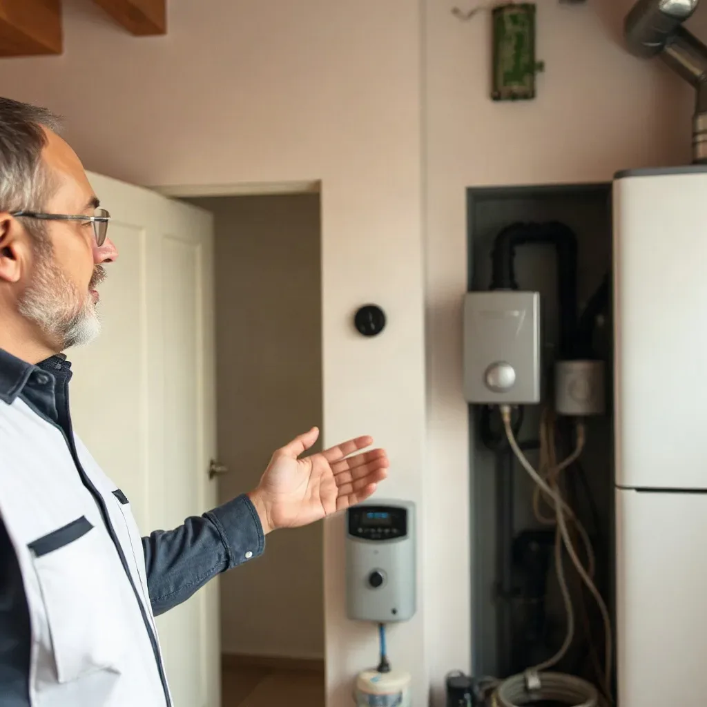 An engineer gesturing toward different boiler components while explaining to a homeowner
