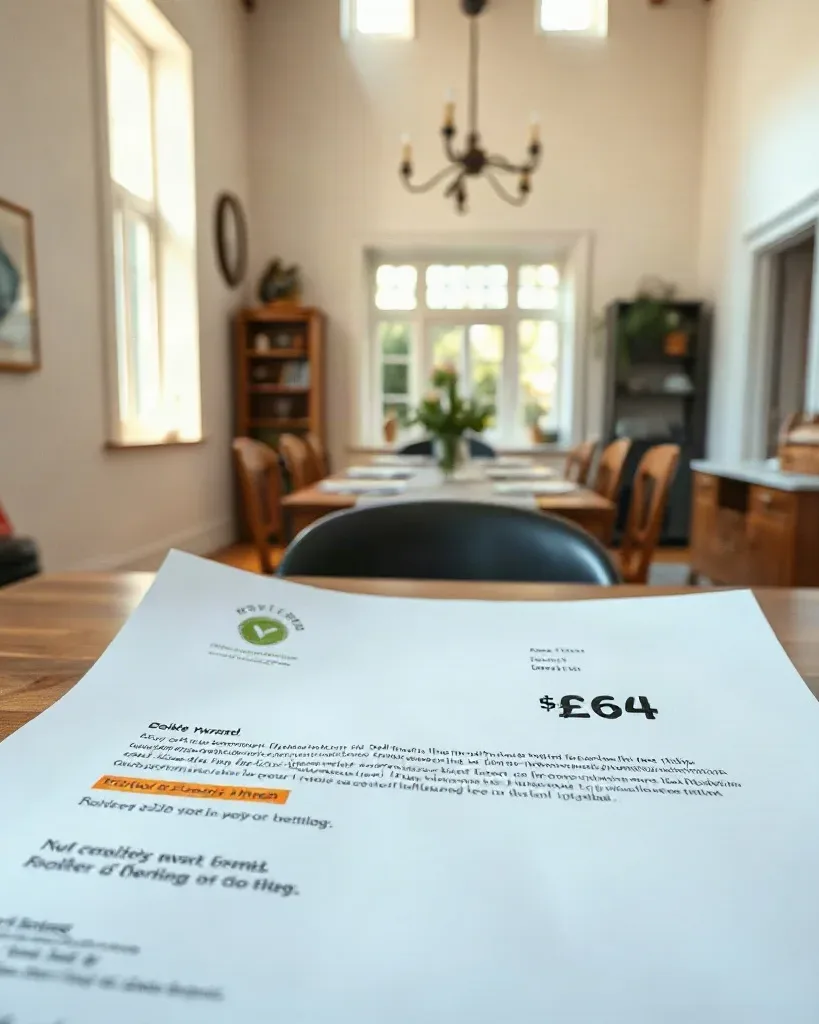 A document with a large price figure lies on a wooden dining table in a bright, traditionally decorated room.
