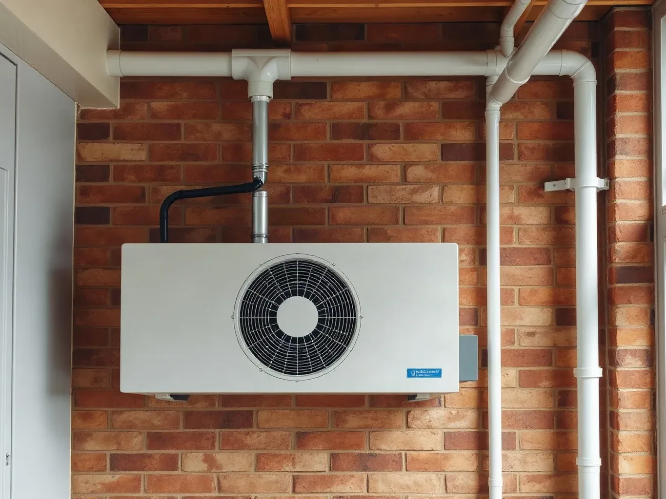 An air source heat pump unit mounted on an exterior brick wall with pipework visible