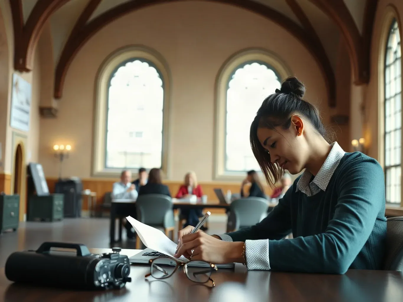 A person filling in a grant application form at a desk with reading glasses beside them