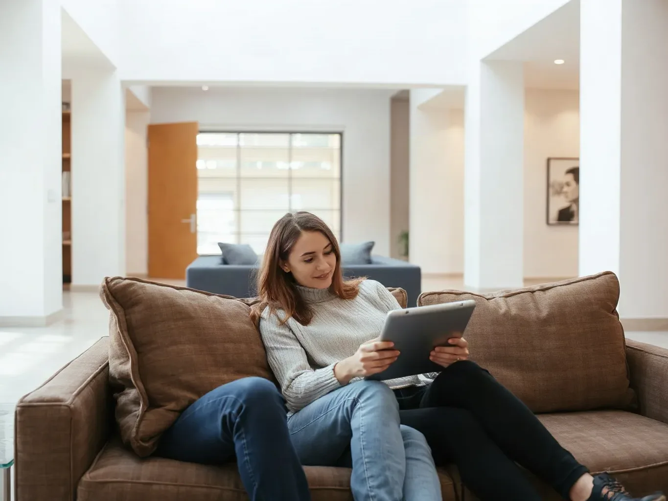 A couple reviewing information on a tablet computer while seated on a sofa