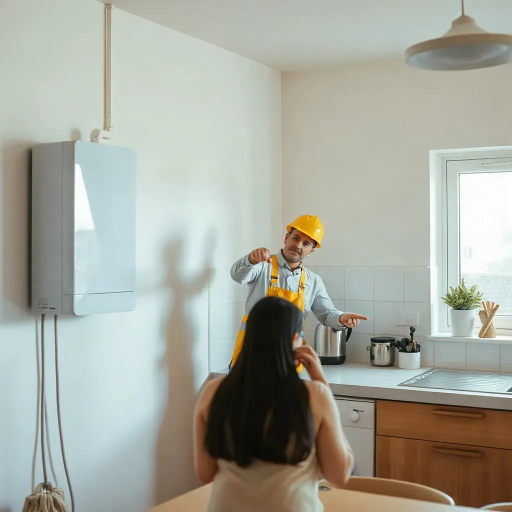 An engineer pointing to a wall-mounted combi boiler in a simply furnished rental kitchen
