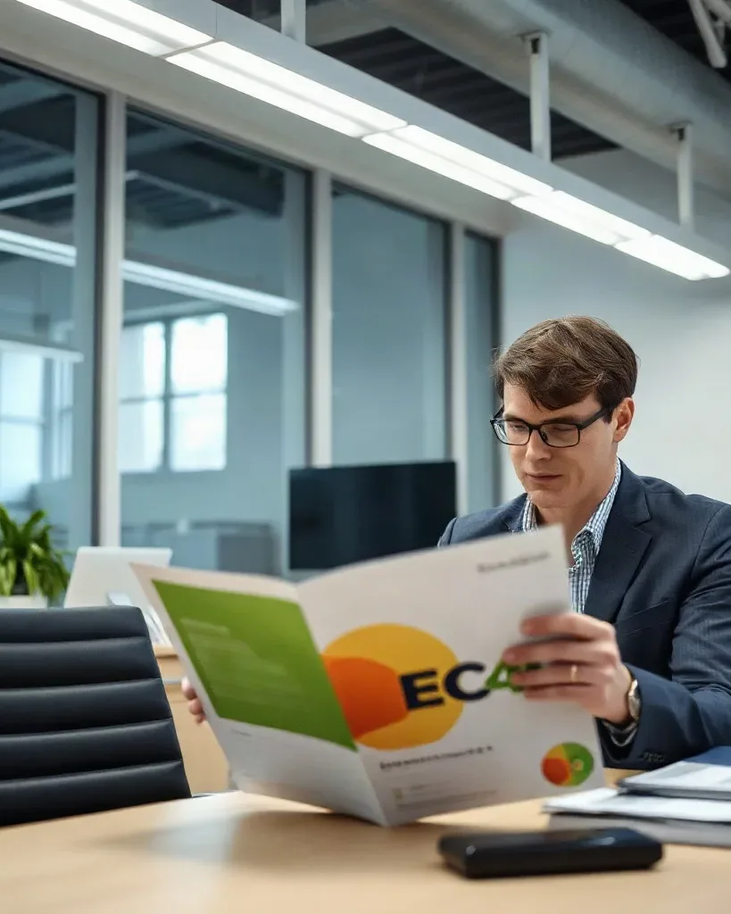 A landlord reading an ECO4 scheme information leaflet at a desk in an office
