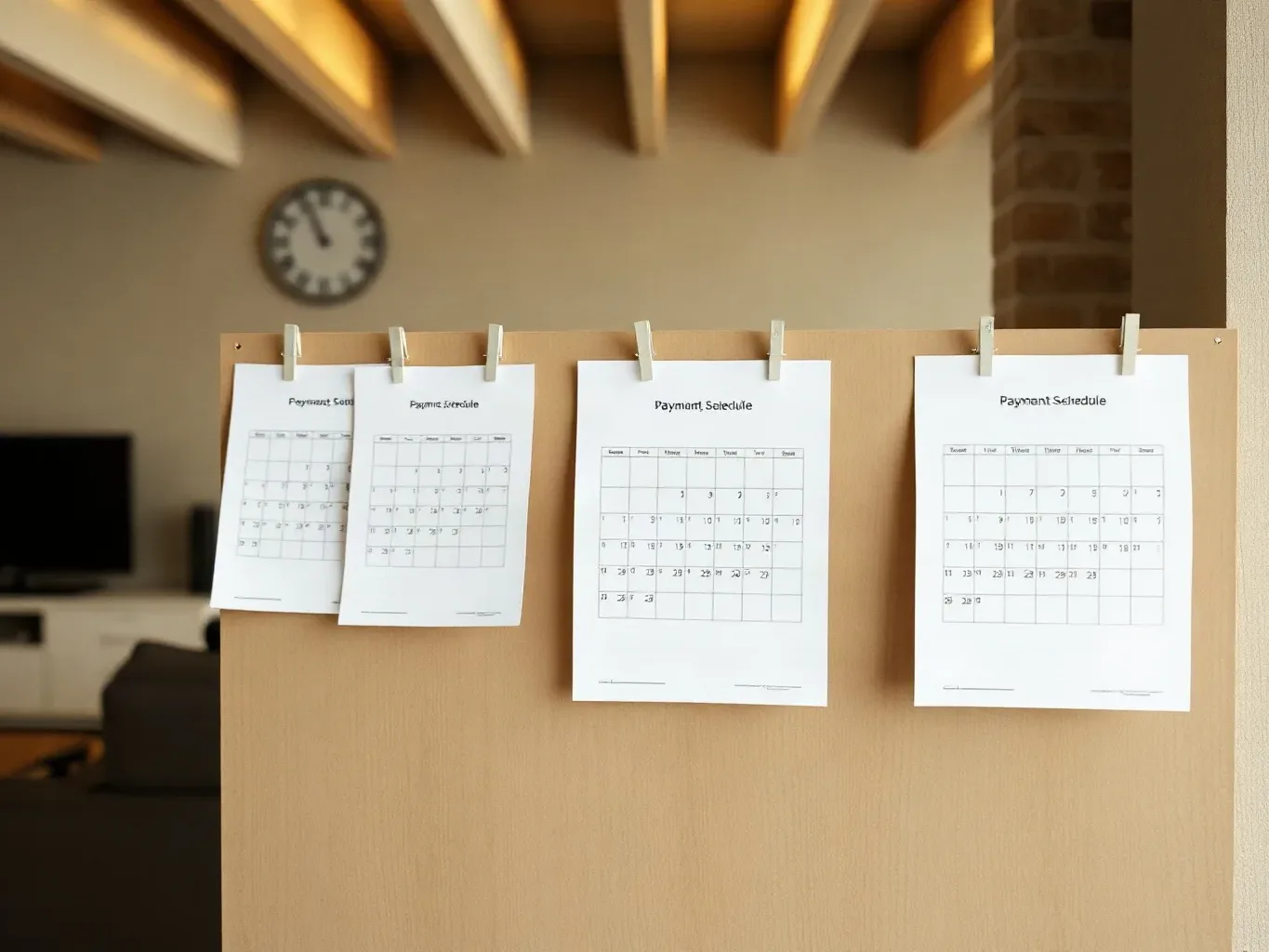 Four printed calendar sheets clipped to a board on a wall, with a clock and living room visible behind.