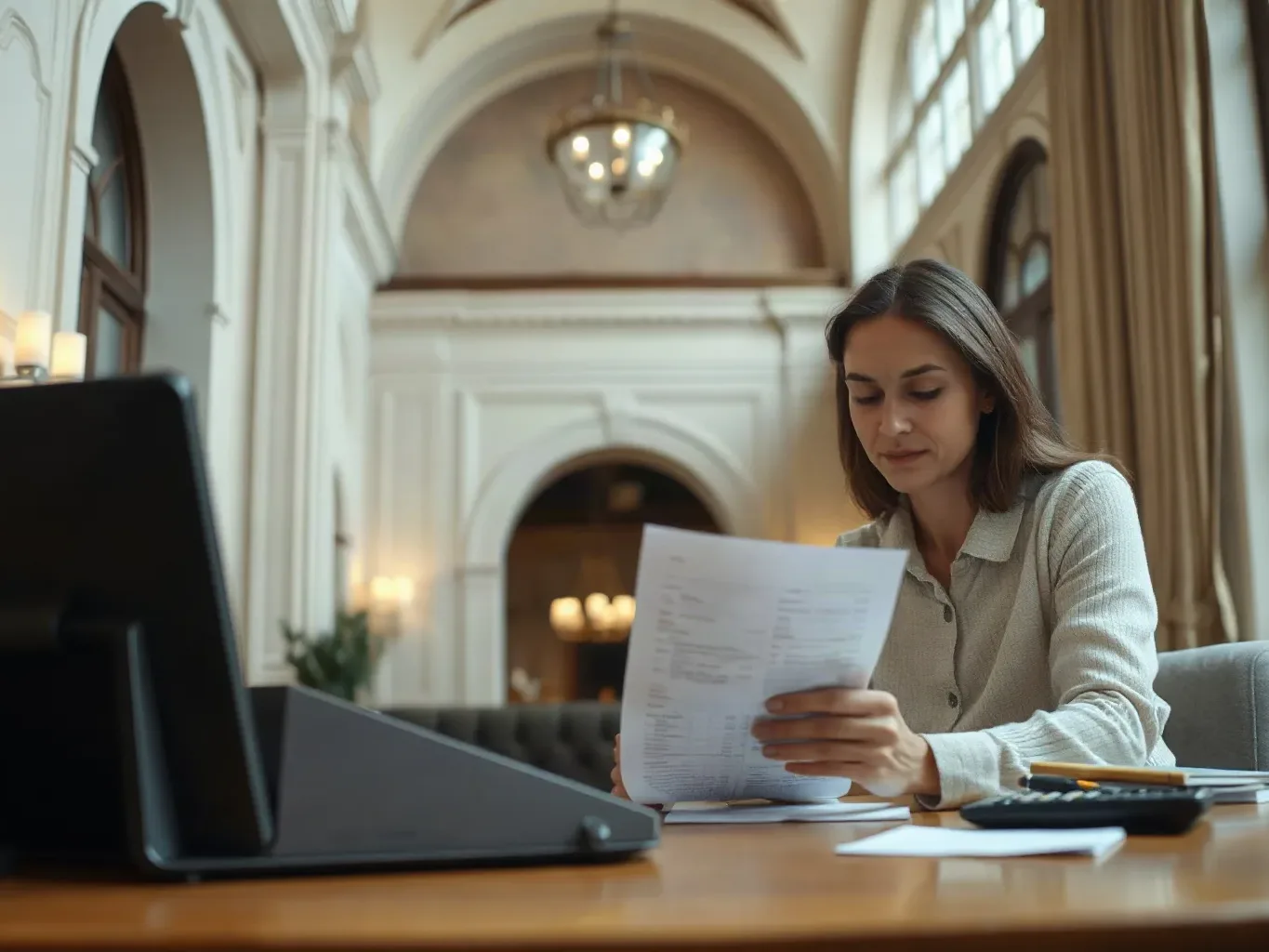 A person reviewing their bank statement at a desk with a calculator nearby