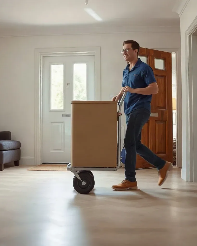 A person in a blue shirt wheels a large cardboard box on a sack truck through a home hallway.