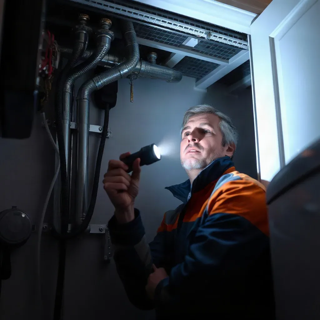 A technician holding a torch inspects pipes and ductwork inside a dark utility cupboard.