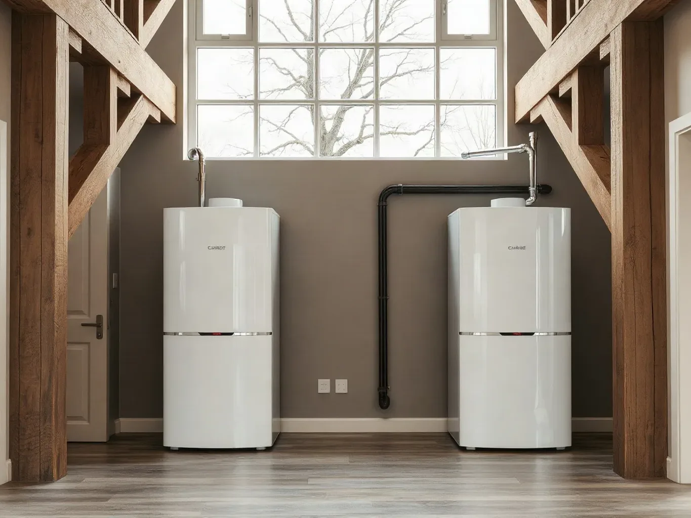 Two white floor-standing boilers connected by black pipework, installed in a timber-framed room with a large window.