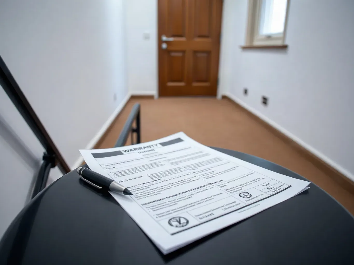 A warranty document and a pen placed on top of a boiler instruction manual