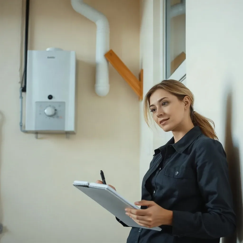 A woman writing notes in a notebook while looking at a wall-mounted boiler