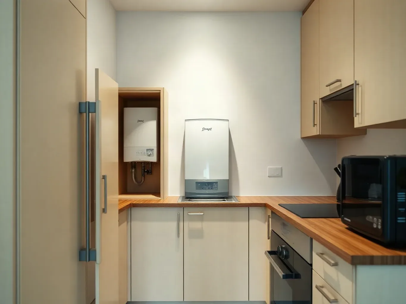 A small modern apartment kitchen with a slimline combi boiler fitted neatly inside a wall cabinet