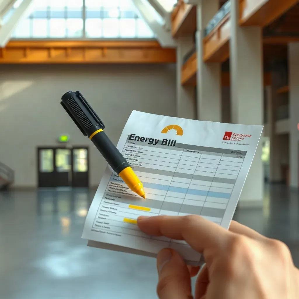 A hand highlighting lines on a printed energy bill with a yellow marker