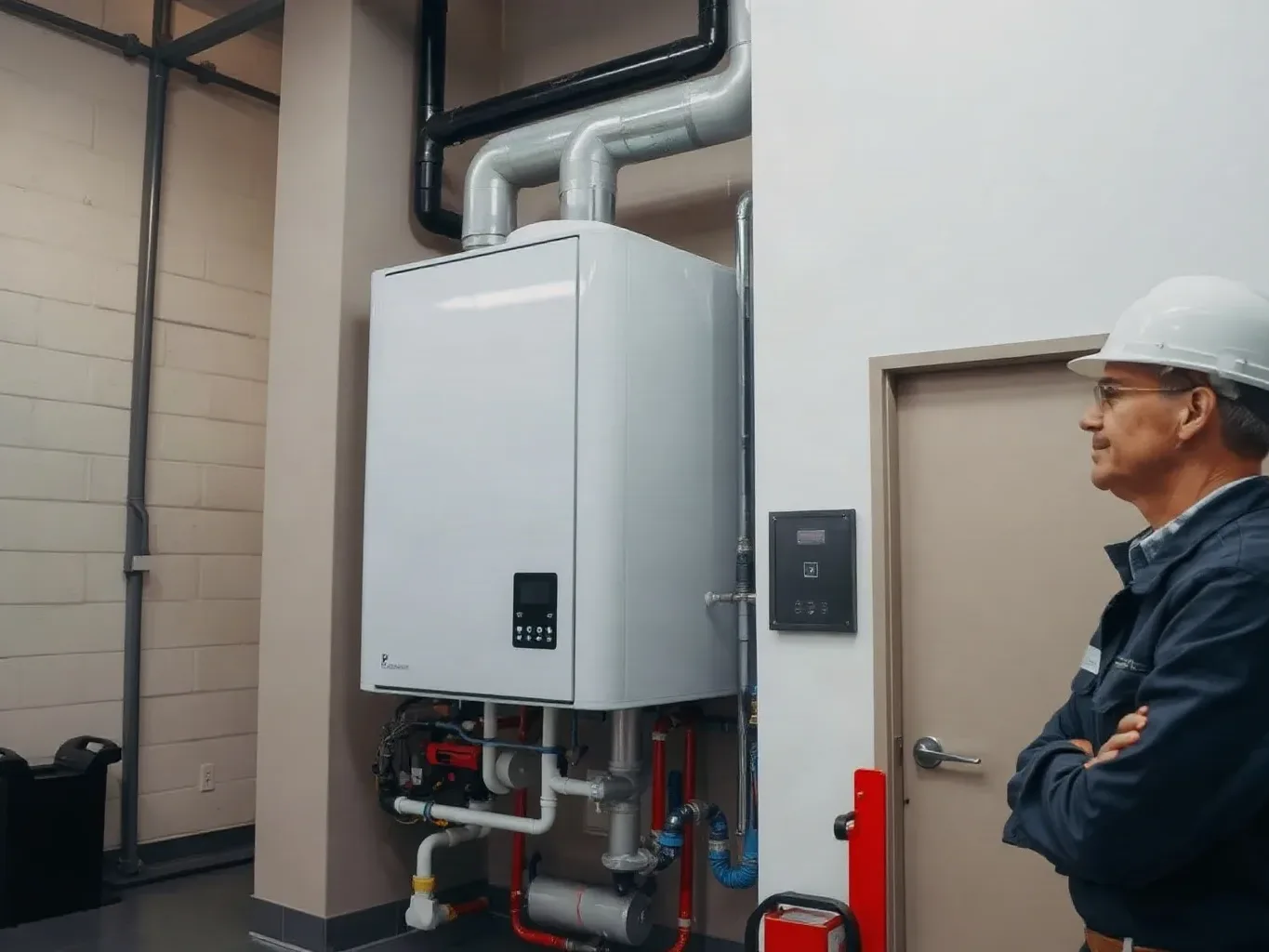 A man gesturing toward a wall-mounted boiler while talking to an engineer beside him