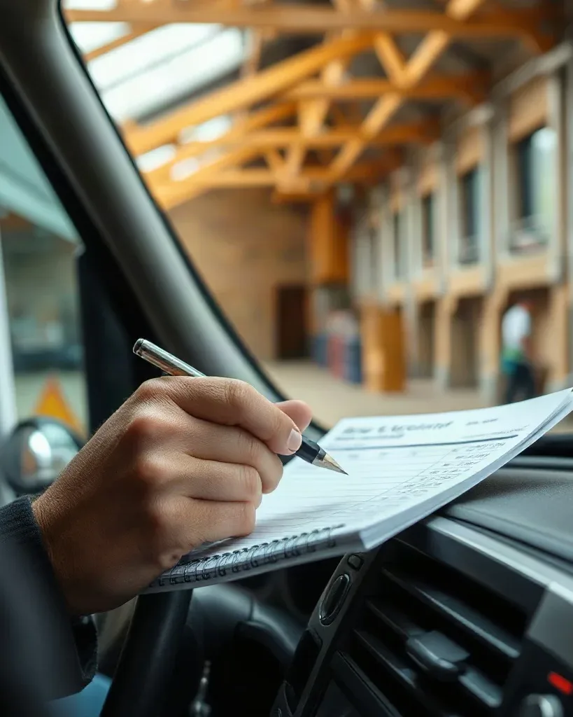 A person sitting in a vehicle writes on a notepad resting on the dashboard, inside a large industrial building.