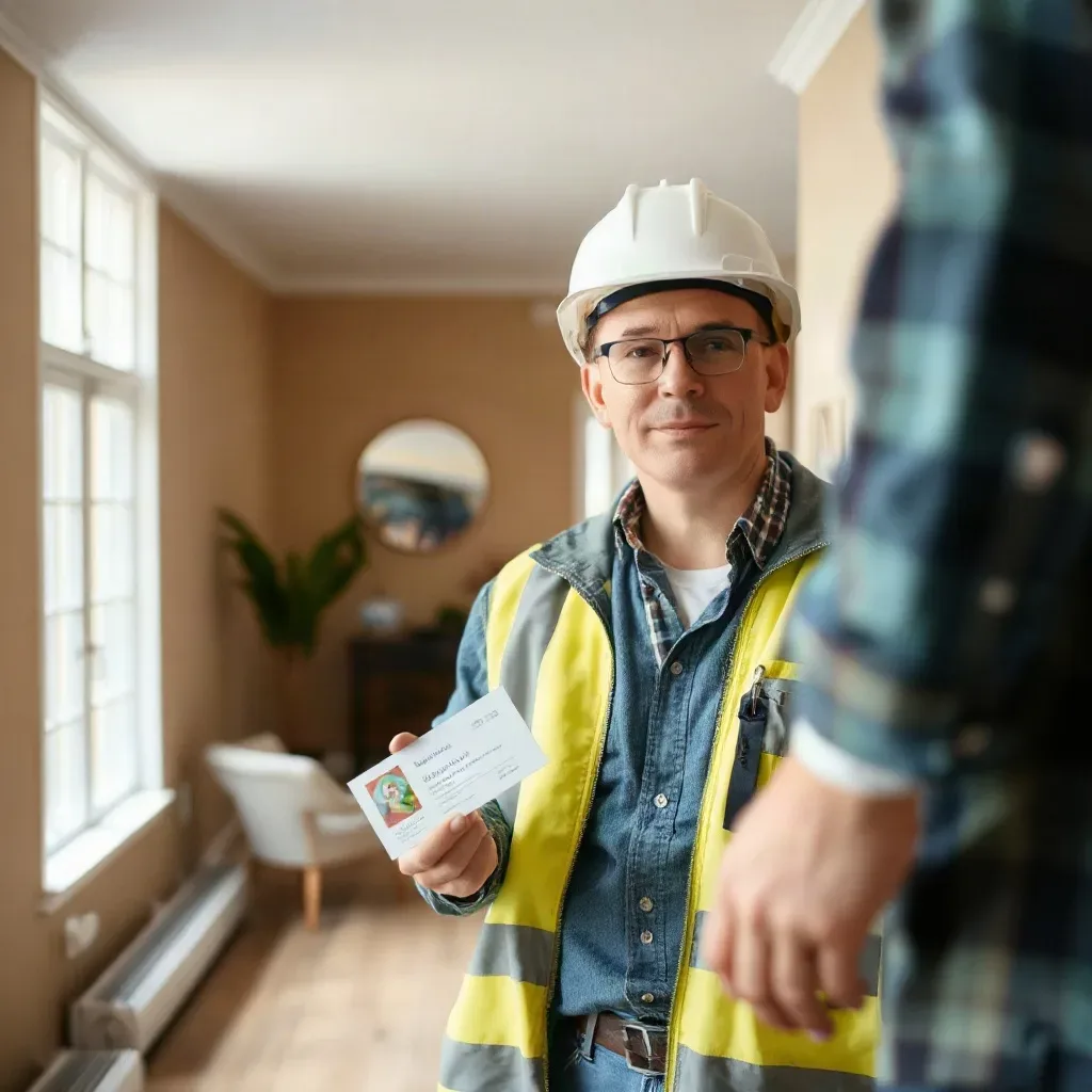An engineer handing a folded warranty card to a homeowner after completing an installation