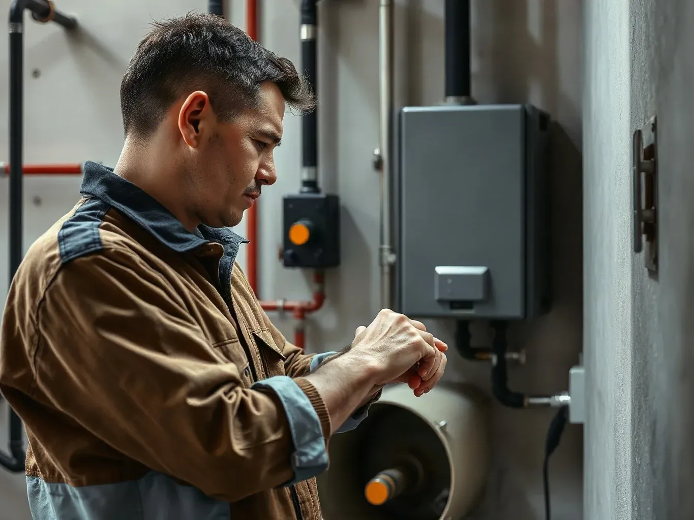 An engineer checking a wristwatch while connecting pipework to a wall-mounted boiler