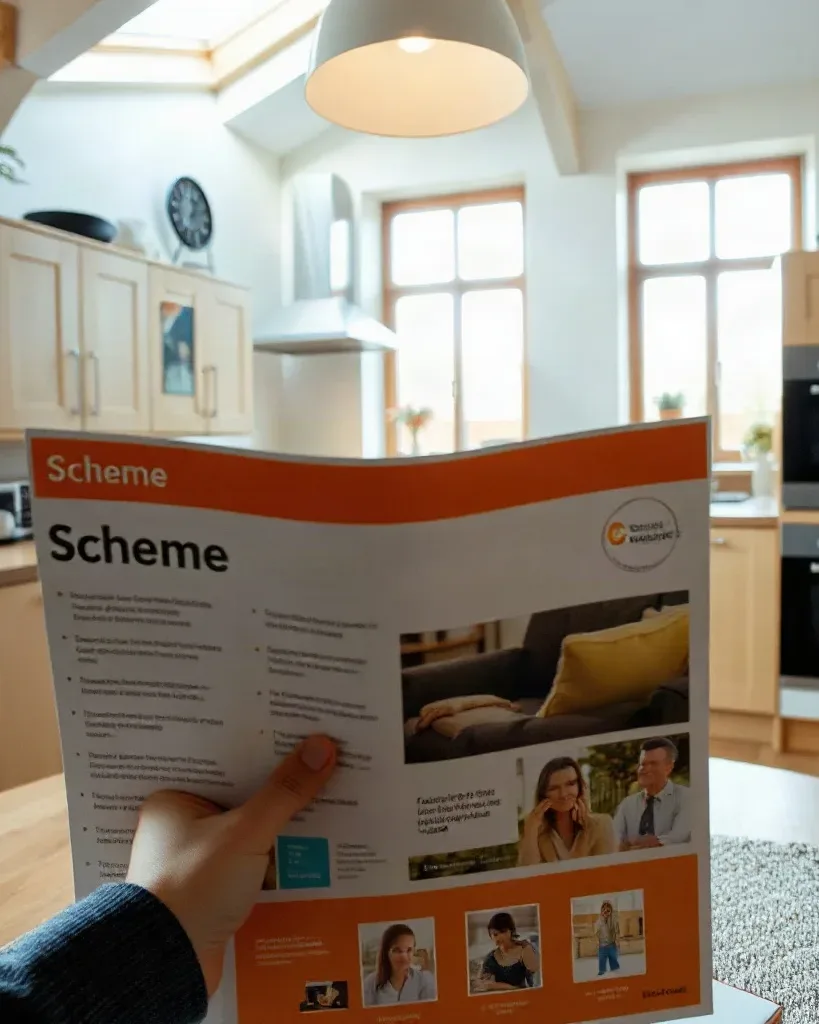 An official-looking scheme leaflet held open by two hands at a kitchen table
