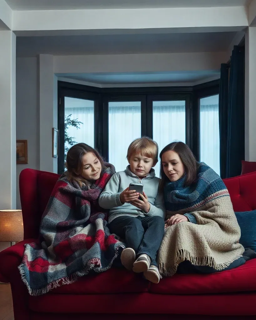 A family wrapped in blankets on a sofa looking at a phone together in a cold room