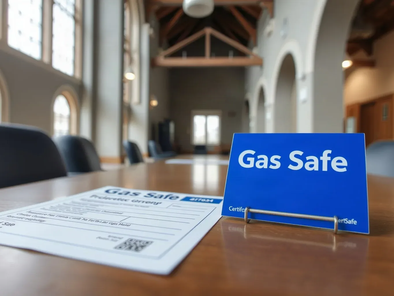 A close-up of a Gas Safe registration card and a completed certificate form laid on a table