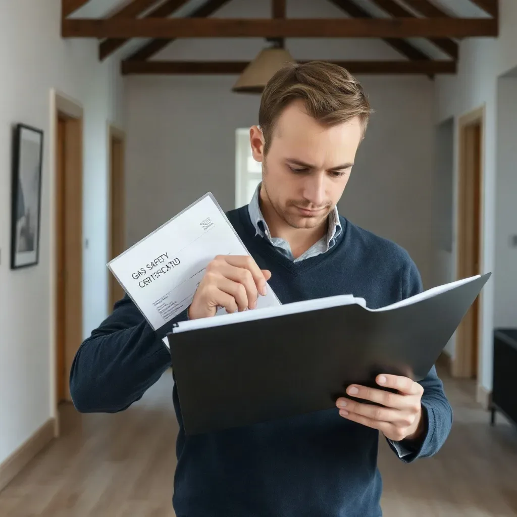 A landlord filing a gas safety certificate into a folder labelled with a property reference