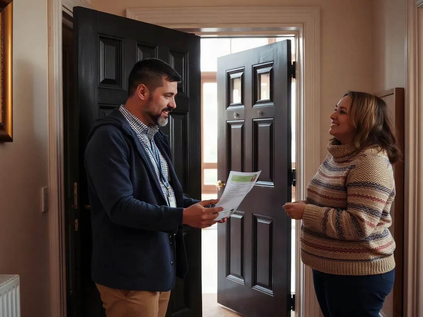 A tenant accepting a copy of a gas safety certificate from a landlord at a front door