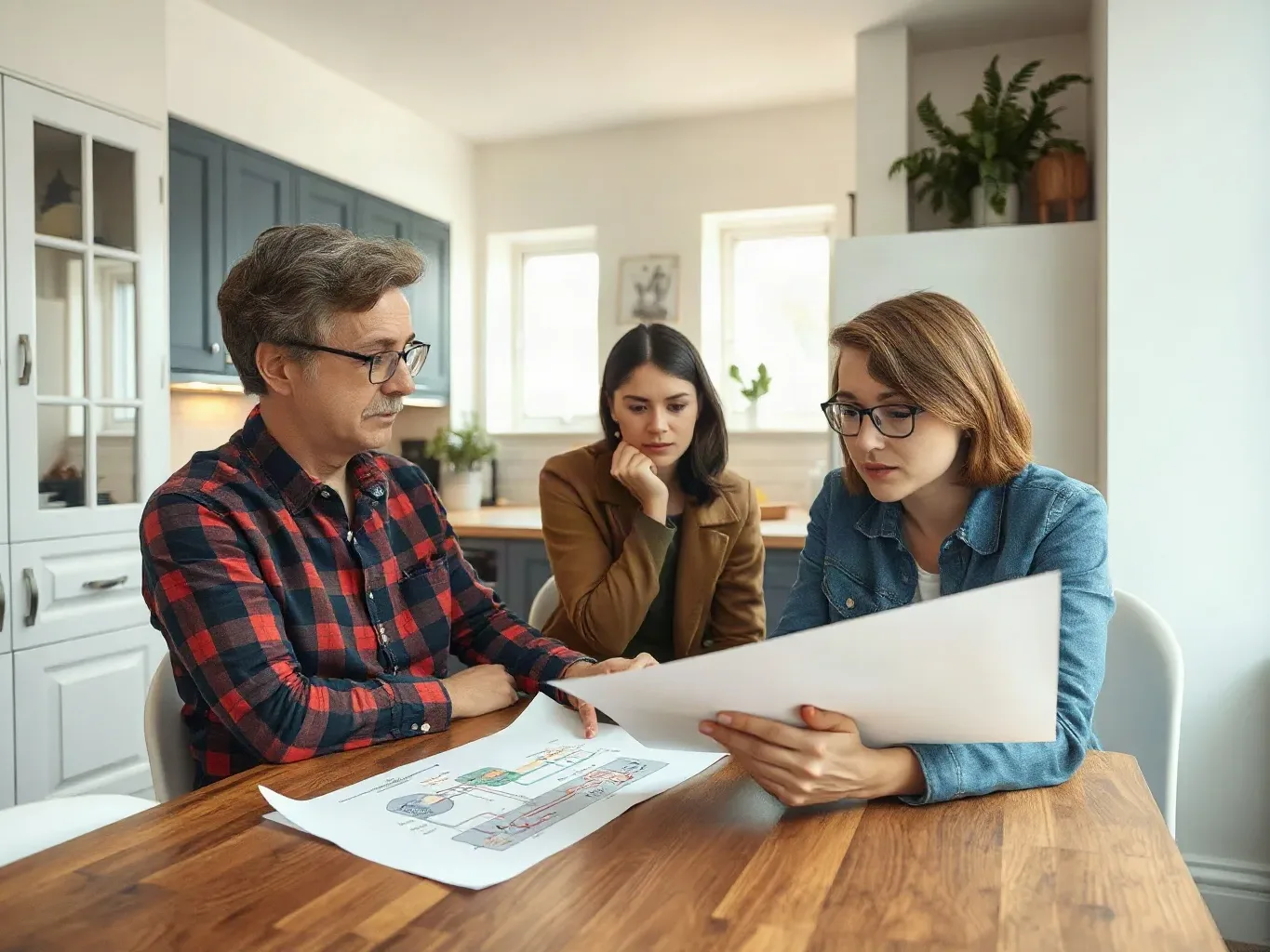 Three people sit at a kitchen table reviewing printed documents together, looking focused and engaged.