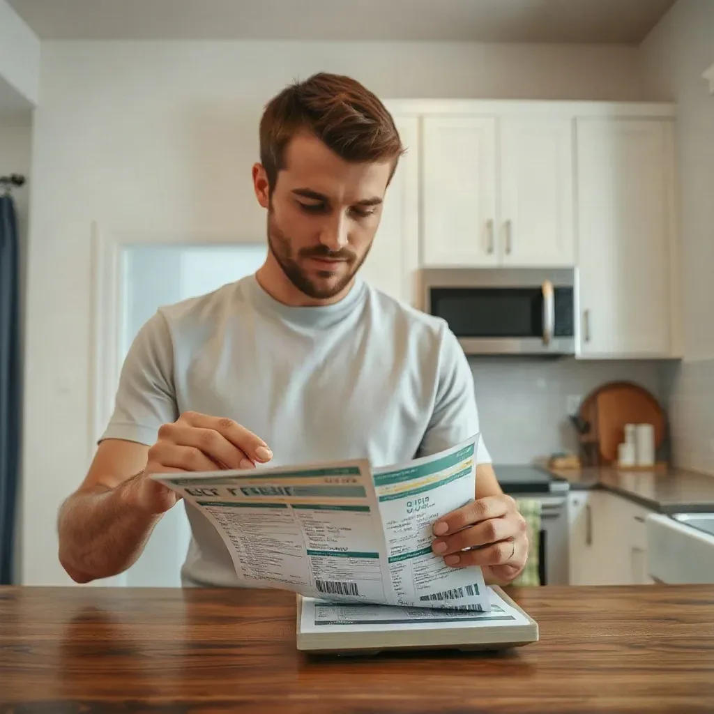 A person comparing two energy bills side by side on a kitchen counter