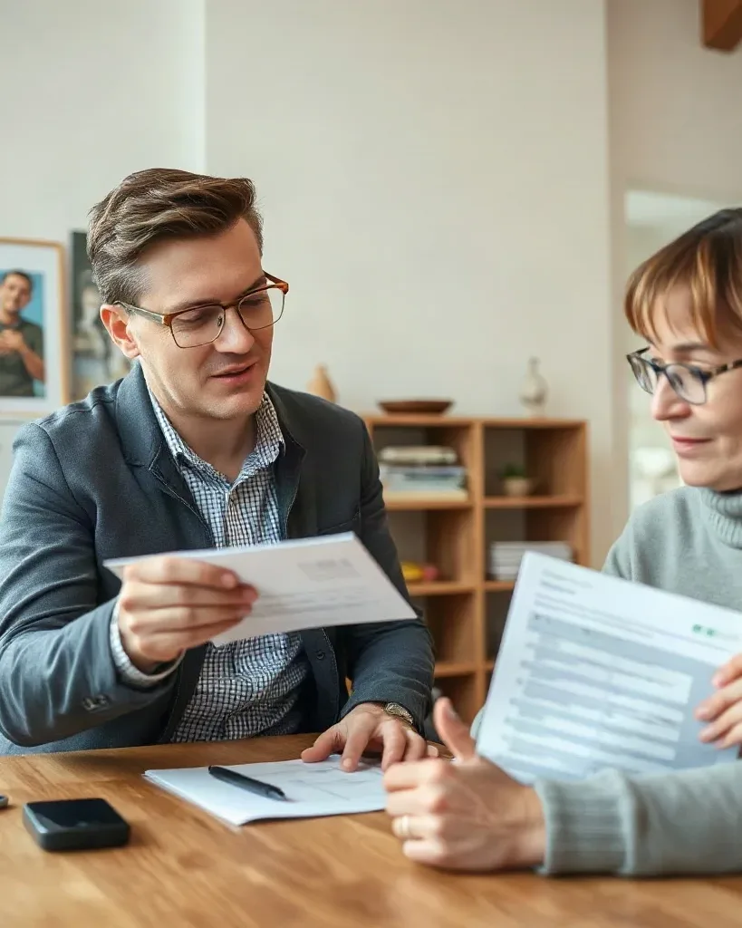 Two people sit at a wooden table indoors, reviewing documents together in a bright living space.