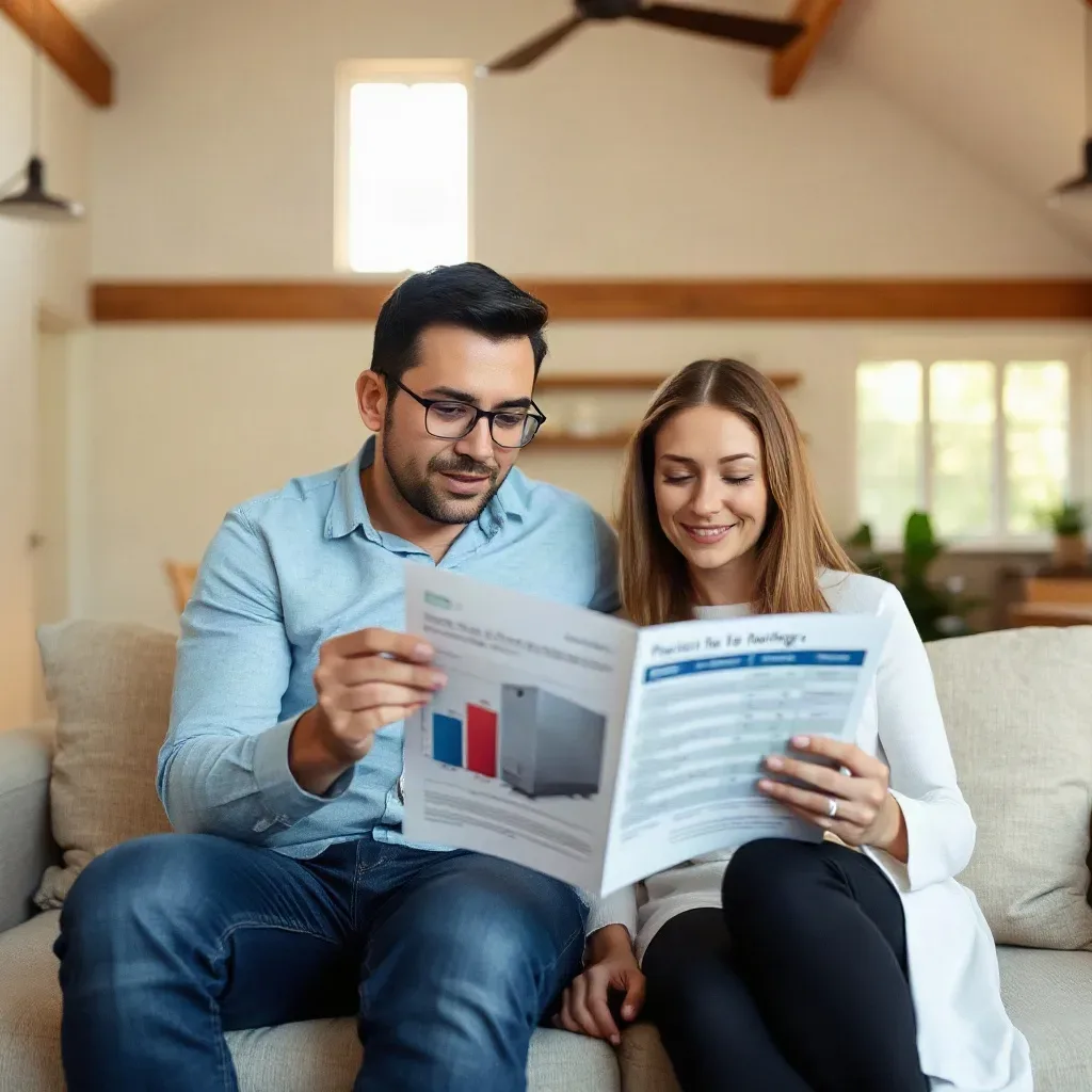 A couple reviewing a heat pump vs boiler comparison sheet together on a sofa