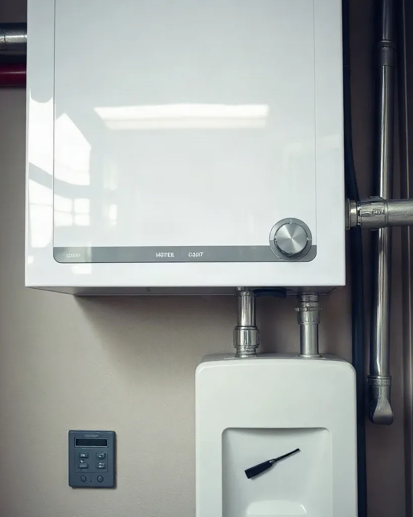 A commercial-grade wall-mounted boiler with multiple output pipes in a communal utility room