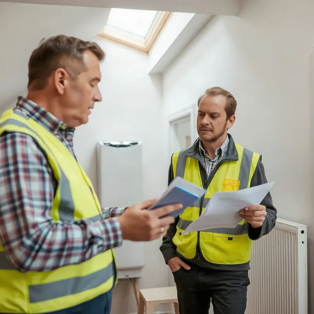 Two workers in high-visibility vests review paperwork in a utility room containing a boiler and radiator.