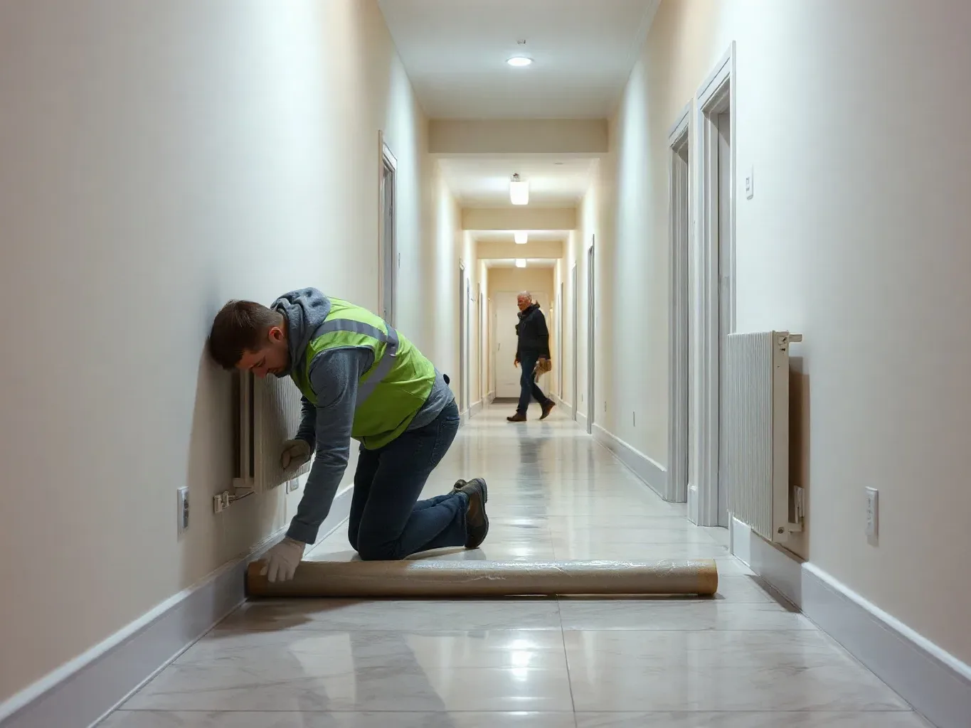 A worker in a hi-vis vest rolls out floor covering in a long corridor whilst another person walks in the background.