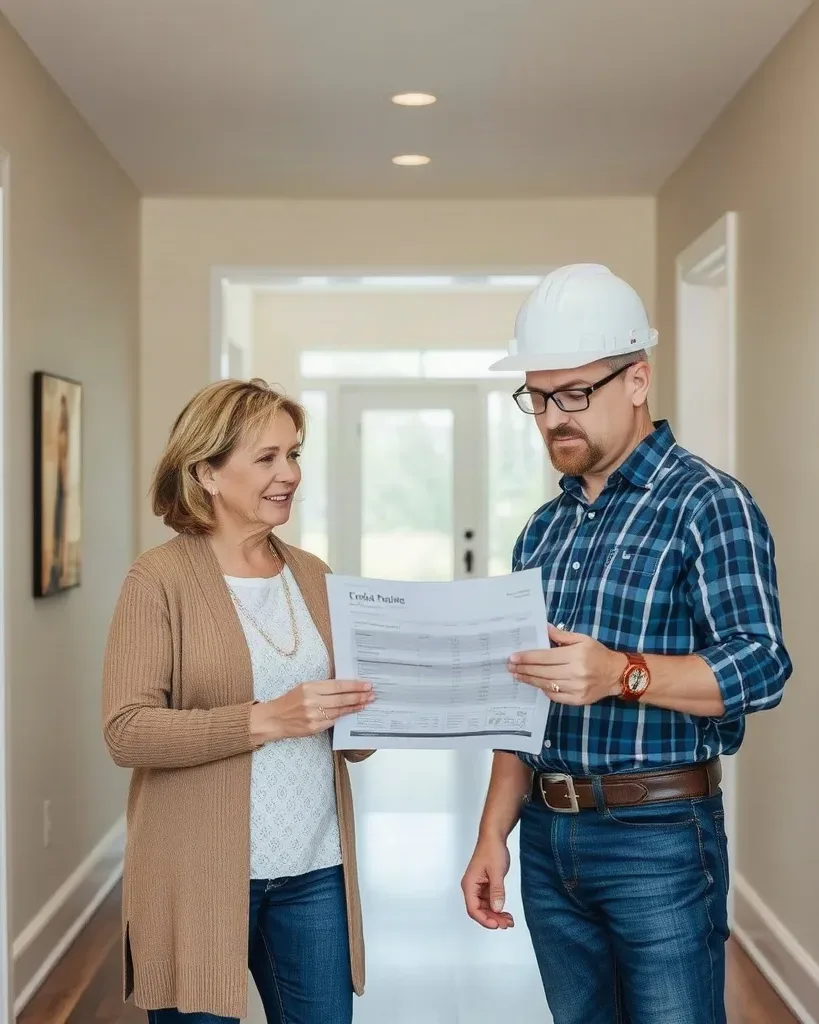 A homeowner and engineer looking at a printed quote sheet together in a hallway