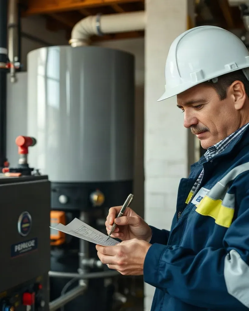 An engineer carrying out an annual boiler service check while writing on a service record card