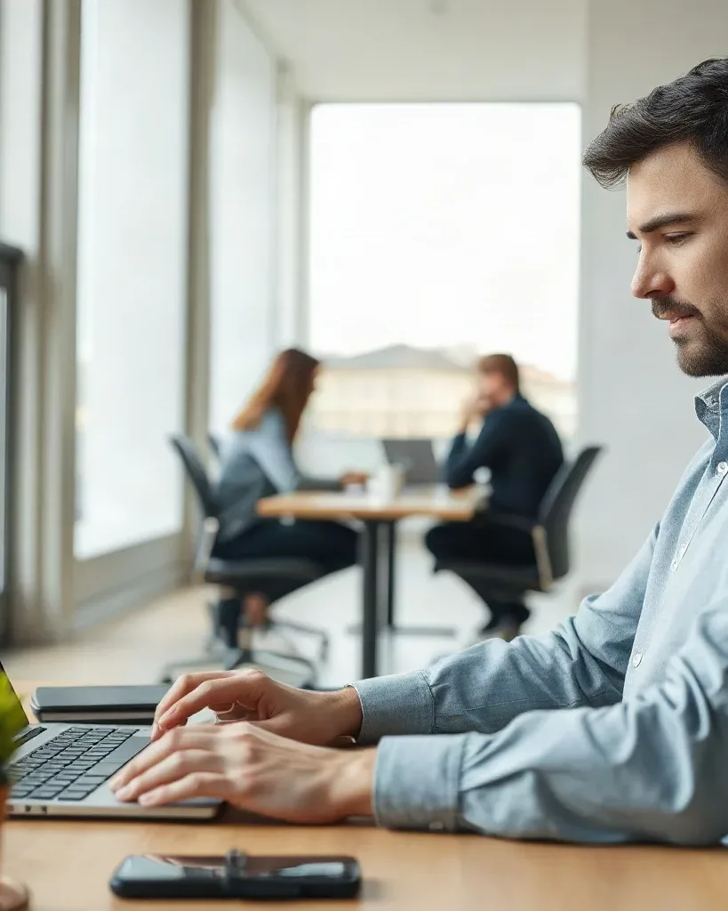 A landlord on a laptop filling in an online ECO4 eligibility check form at an office desk