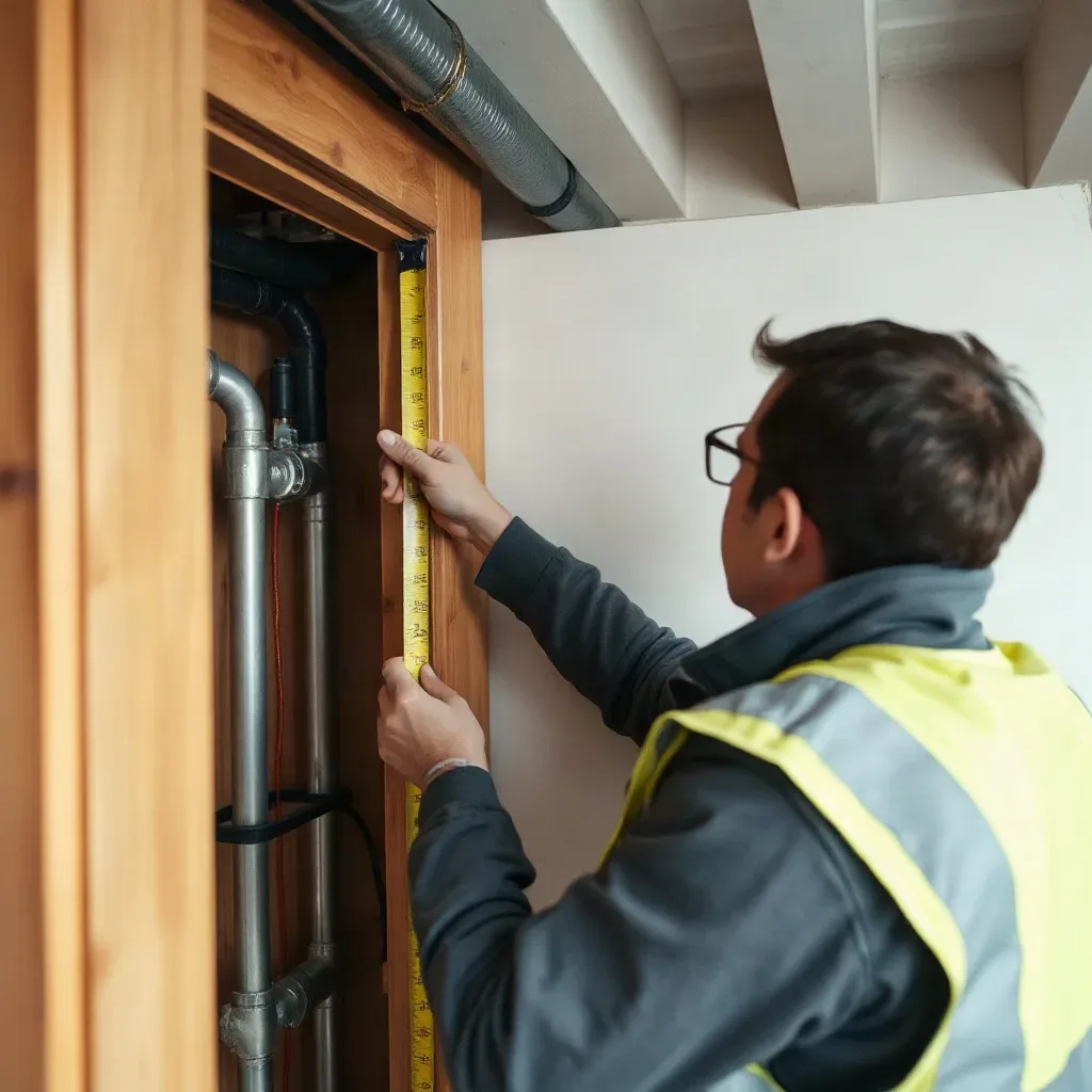 A worker in a hi-vis vest uses a tape measure to assess pipework inside a wooden-framed utility cupboard.