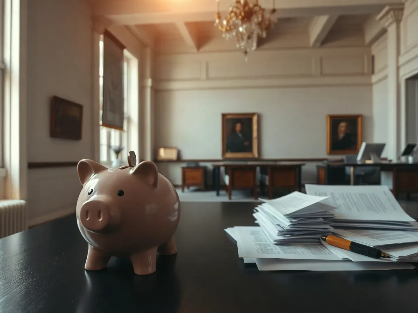 A hand placing a coin into a piggy bank on a desk next to paperwork