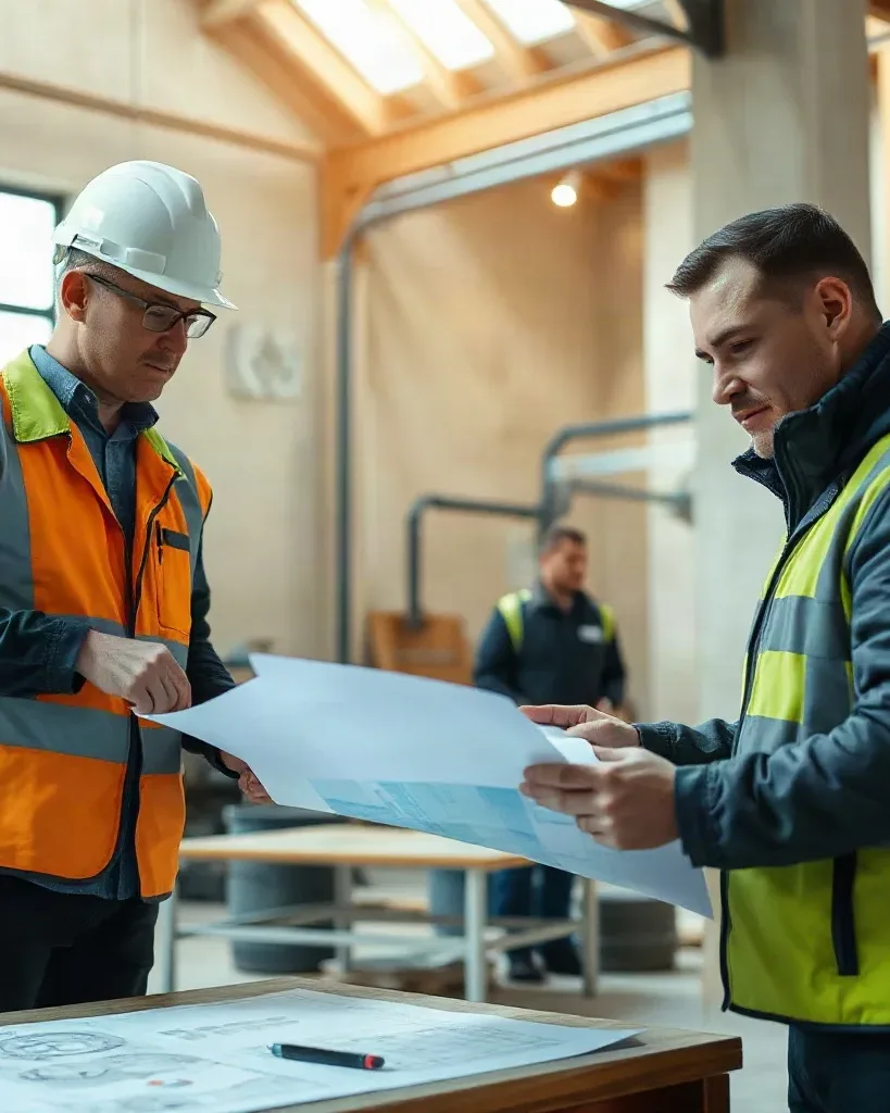 An engineer and a site manager reviewing boiler specification drawings on a construction site table
