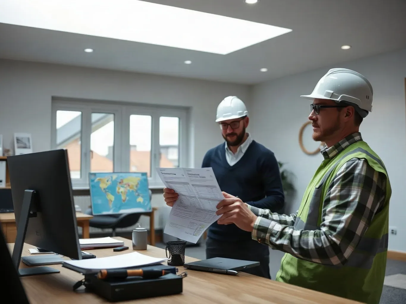 A builder presenting a new-build heating package quotation to a developer at a site office desk