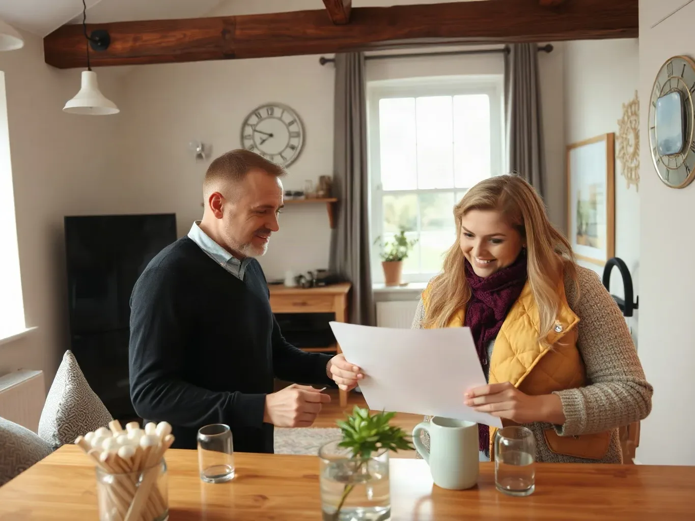 A new homeowner signing a boiler warranty registration form handed over by an engineer