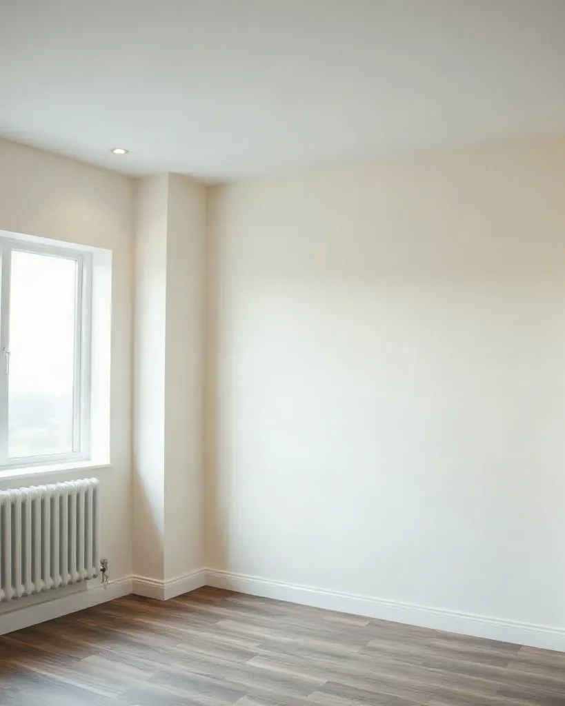 A newly built unfurnished room with a freshly installed radiator and visible pipework on the wall