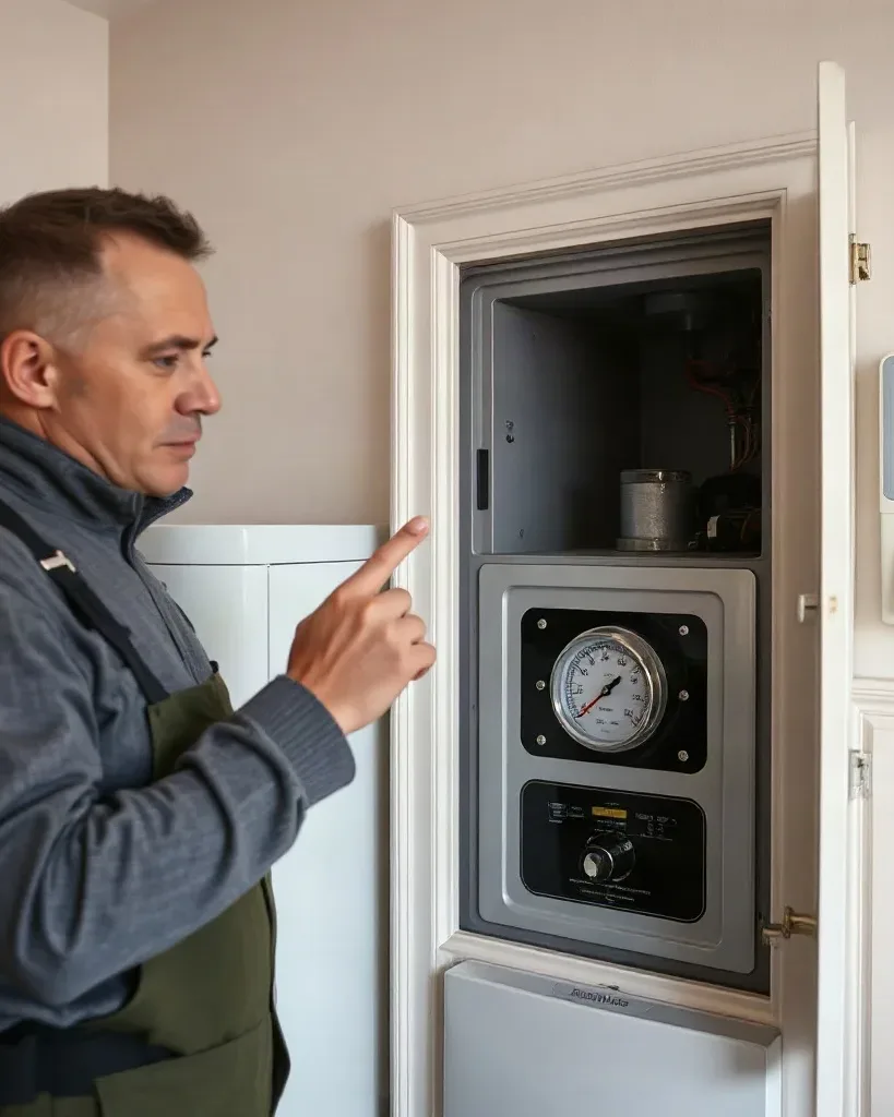 A technician in overalls points at an open wall-mounted utility cabinet containing a pressure gauge, inside a home.