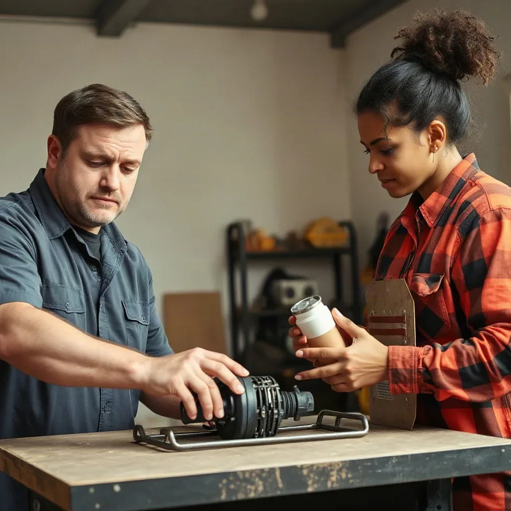 An engineer showing a homeowner a cracked heat exchanger component on a workbench