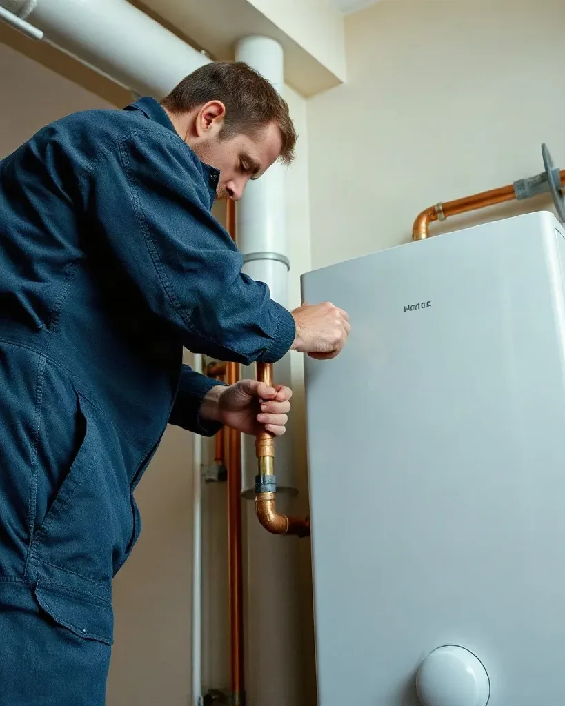 A technician in blue overalls works on copper pipework connected to a white boiler unit in a utility room.