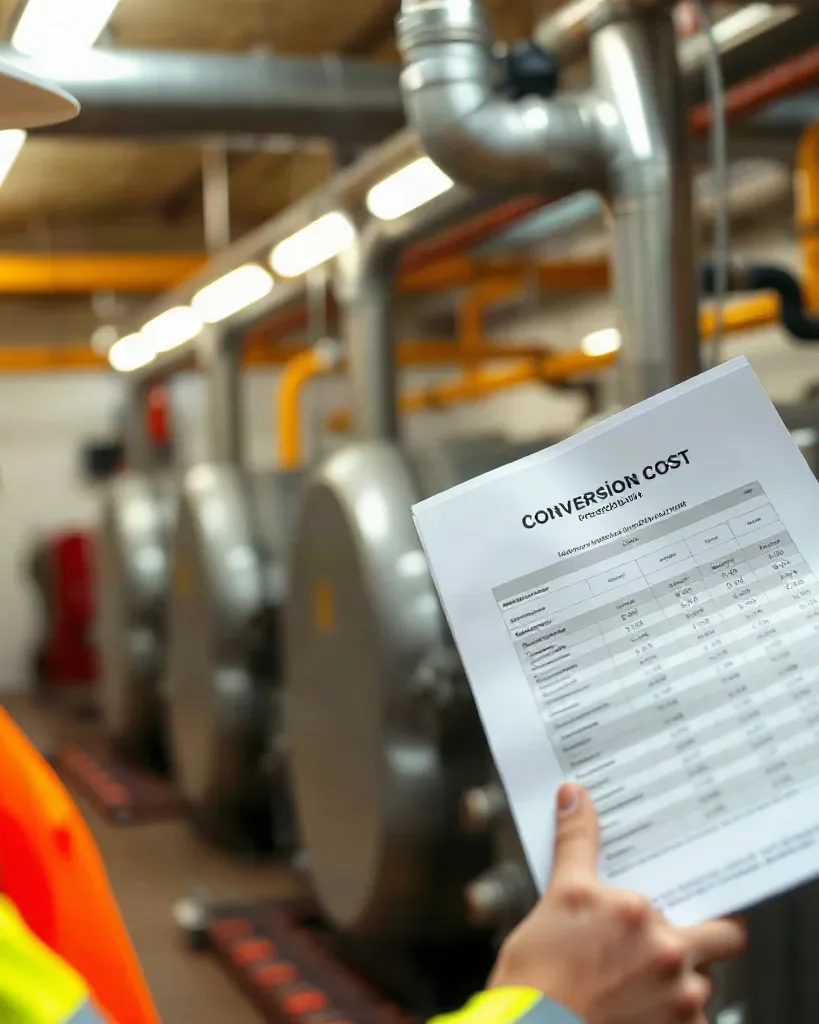 A conversion cost breakdown printed on A4 paper held by an engineer in a boiler room